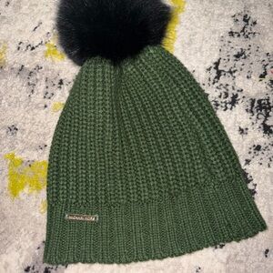 Michael Kors Olive Knit Beanie with Black Pom Pom